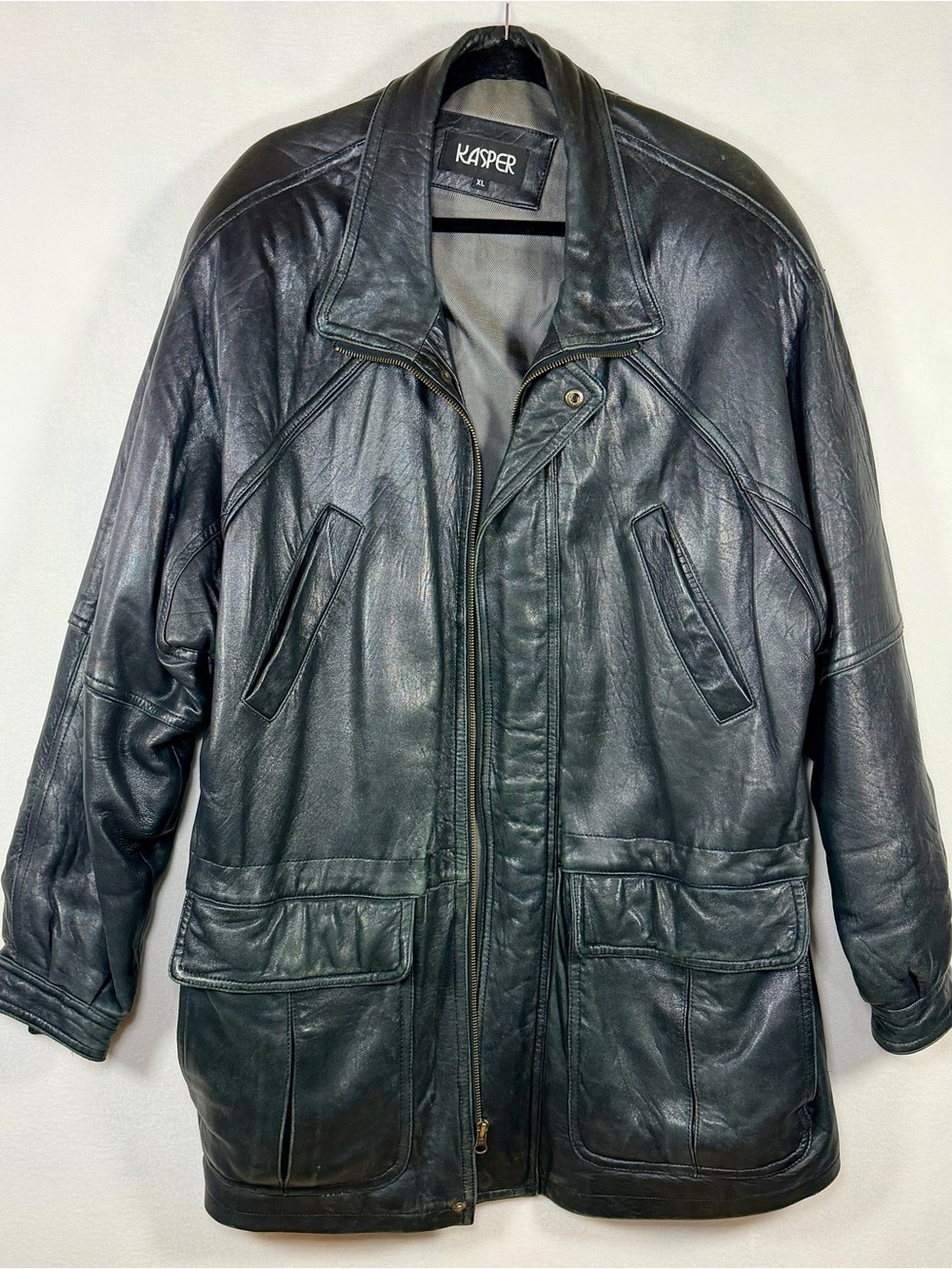 Men’s Kasper Leather Jacket XL Black Zip/Snap Point Collar Lined Mid-Length